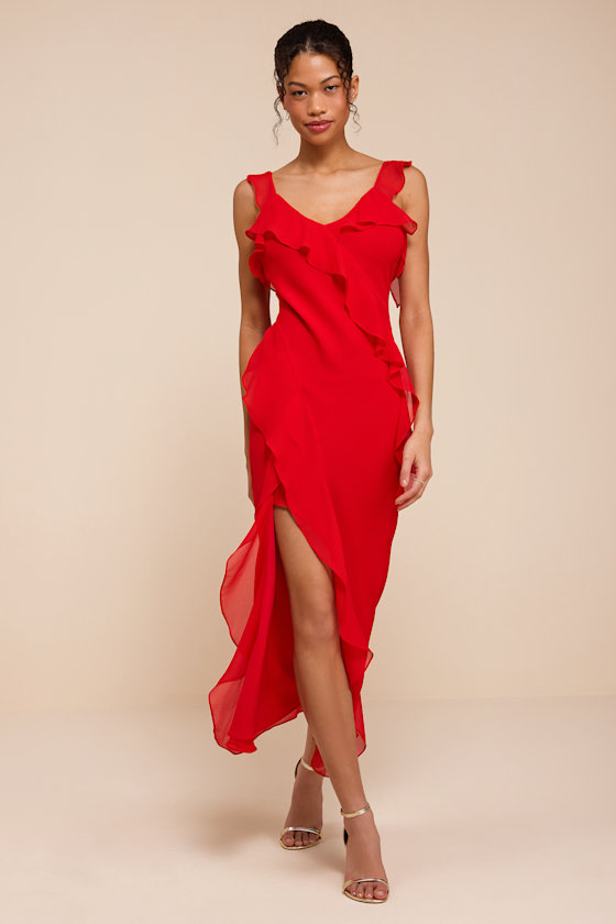 Remmy Red Ruffled Slip Midi Dress 1