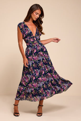 Taylen Navy Multi Floral Plisse Midi Dress 1