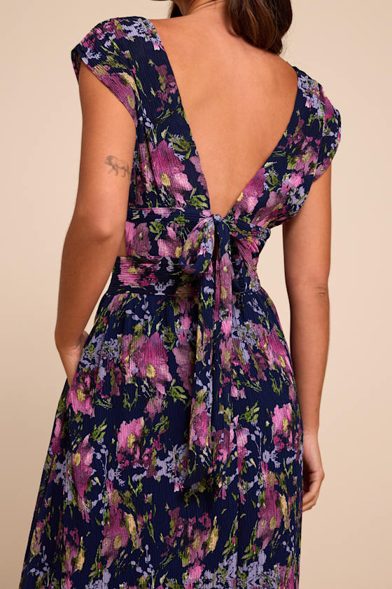 Taylen Navy Multi Floral Plisse Midi Dress 2