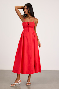 Laylie Red Poplin Lace-Up Midi Dress 1