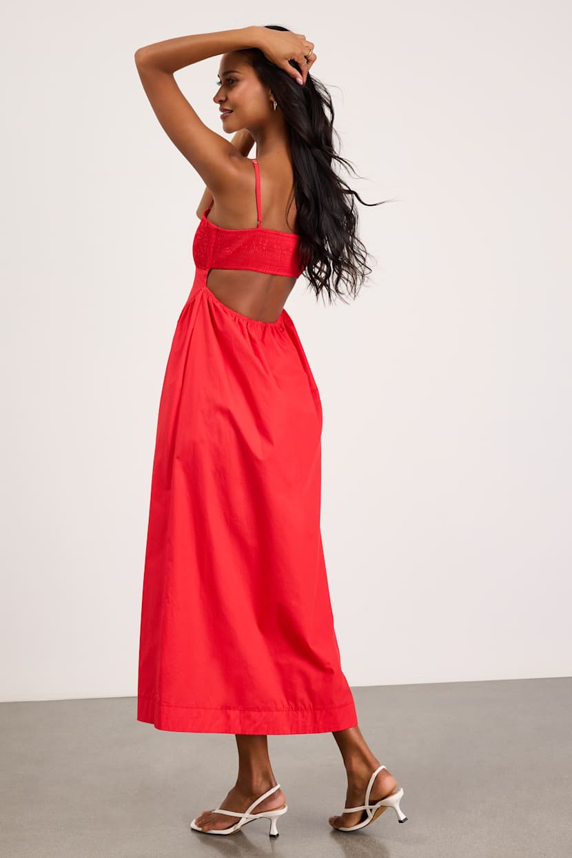 red poplin midi dress RED SMOCKED POPLIN MIDI DRESS S
