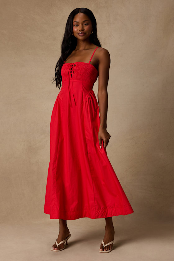 Laylie Red Poplin Lace-Up Midi Dress 2