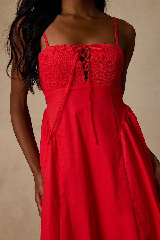 Laylie Red Poplin Lace-Up Midi Dress 3