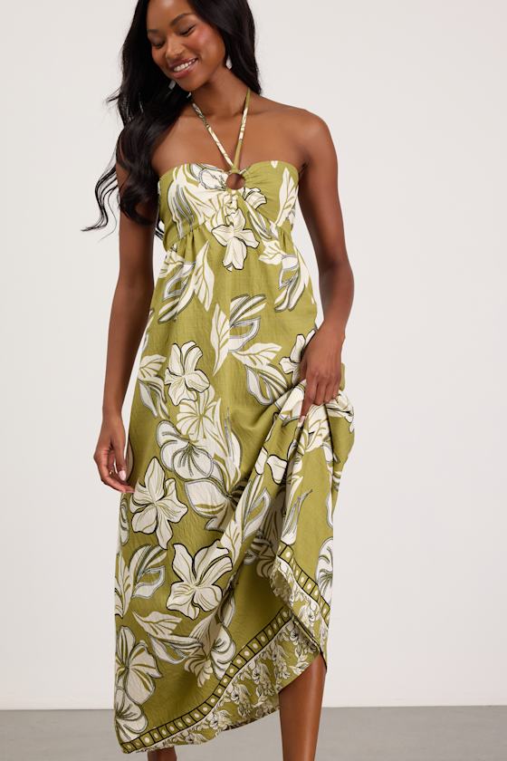 Cheri Light Green Floral Halter Midi Dress 1