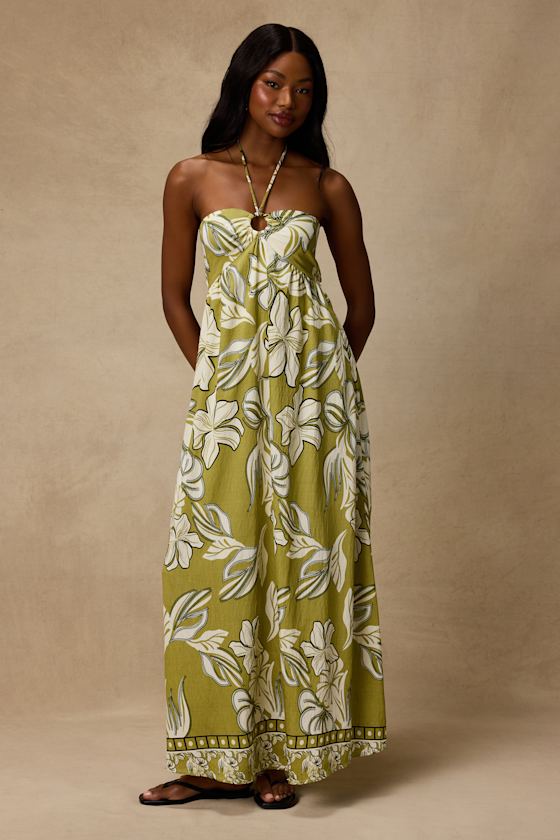Image of Cheri Light Green Floral Halter Midi Dress