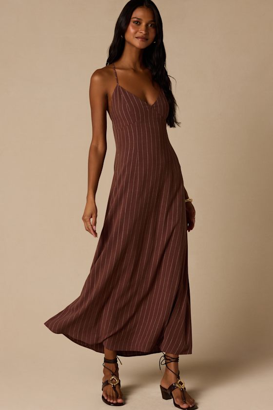 Lilly Brown Pinstriped Tie-Back Midi Dress 1
