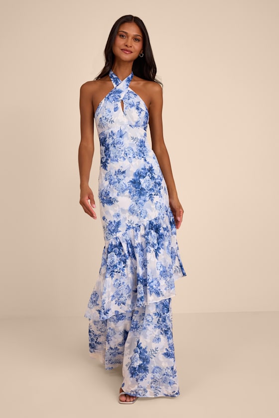 Eloria White and Blue Floral Halter Maxi Dress 1
