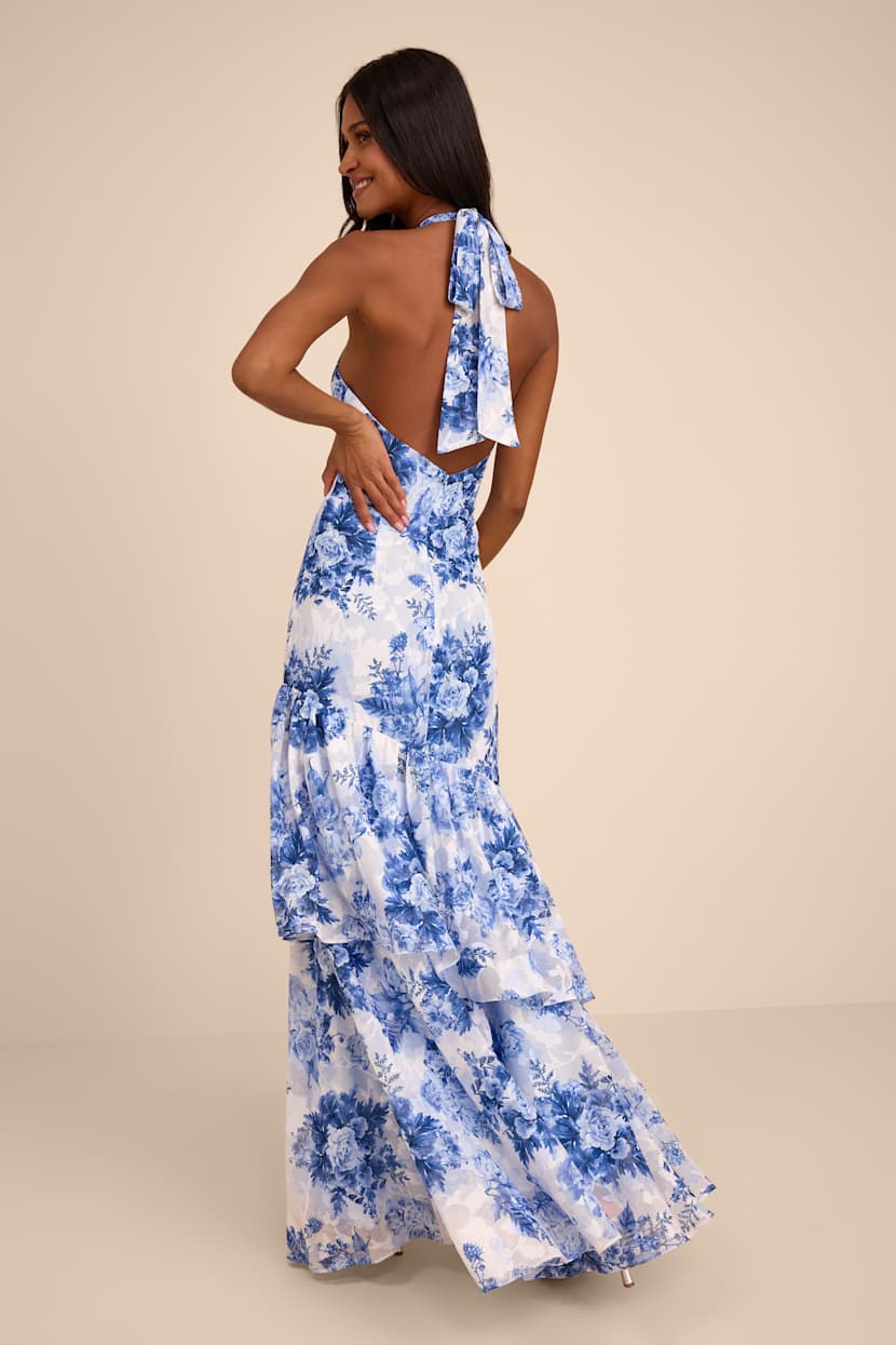 blue and white floral halter dress White & Blue Dress - Floral Dress - Halter Dress - Tiered Dress