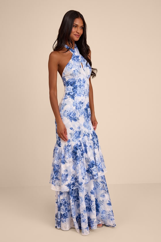Eloria White and Blue Floral Halter Maxi Dress 4