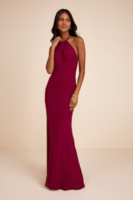 Adriel Berry Red Mesh Halter Mermaid Maxi Dress 1