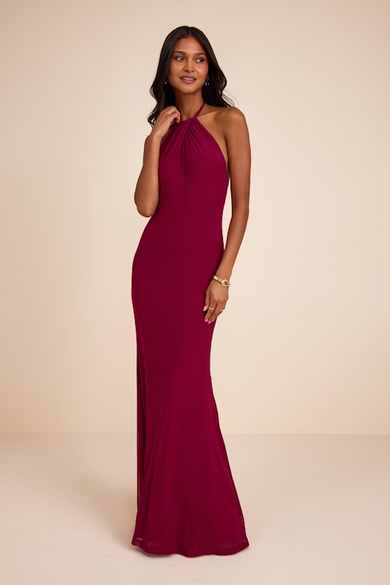 Adriel Berry Red Mesh Halter Mermaid Maxi Dress 1