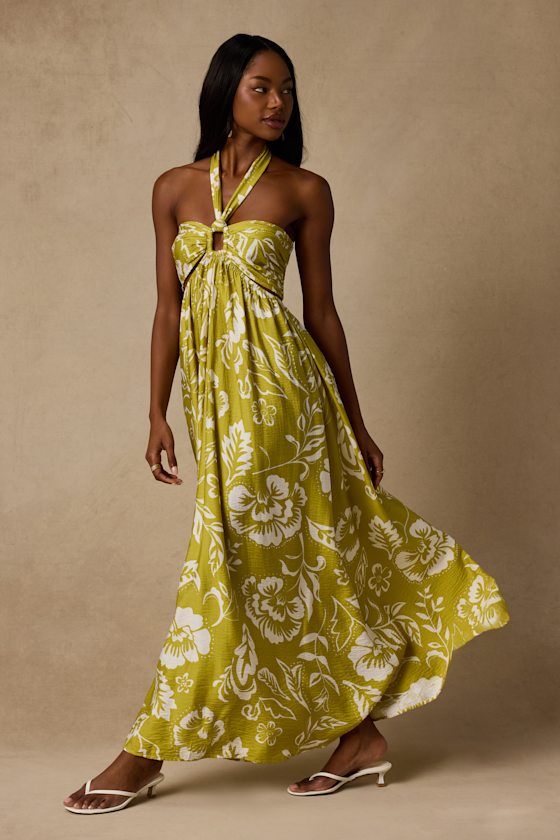 Anessa Chartreuse Floral Halter Maxi Dress 4
