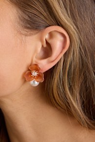 Brooke Burnt Orange Floral Pearl Earrings 1
