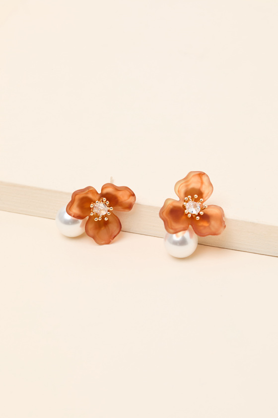 Brooke Burnt Orange Floral Pearl Earrings 2