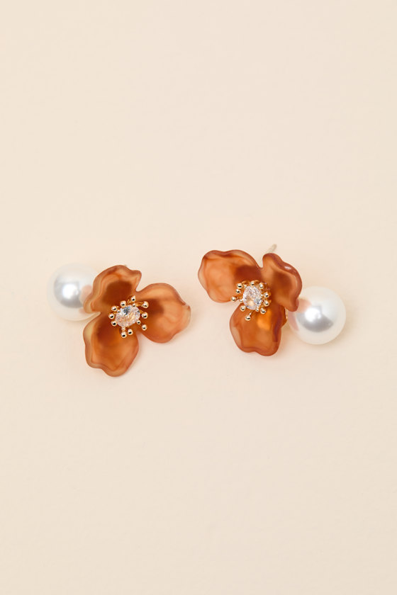 Brooke Burnt Orange Floral Pearl Earrings - thumbnail 4