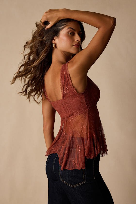 Marsha Rust Sheer Lace V-Neck Tank Top 2