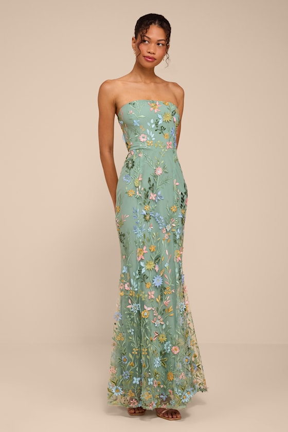 Stefanie Dark Sage Floral Embroidered Mermaid Maxi Dress 1