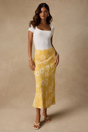 Malaya Yellow Floral High-Rise Midi Skirt 1