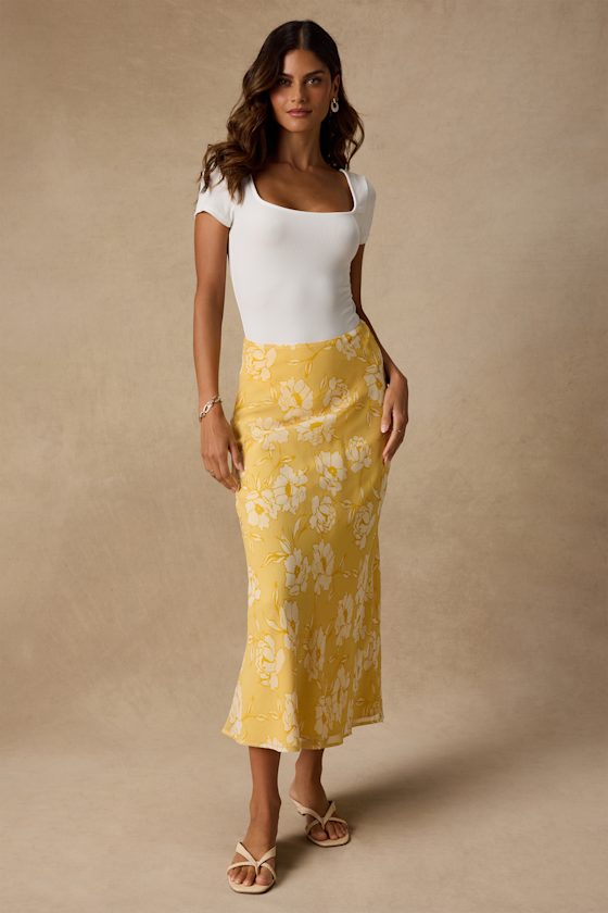 Malaya Yellow Floral High-Rise Midi Skirt 1
