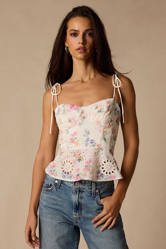 White Multi Floral Top - Peplum Hem Top - Tie-Strap Cami Top - Lulus