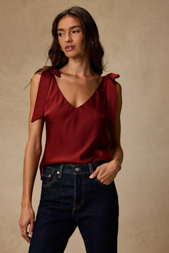 Denia Wine Red Satin V-Neck Tank Top 1