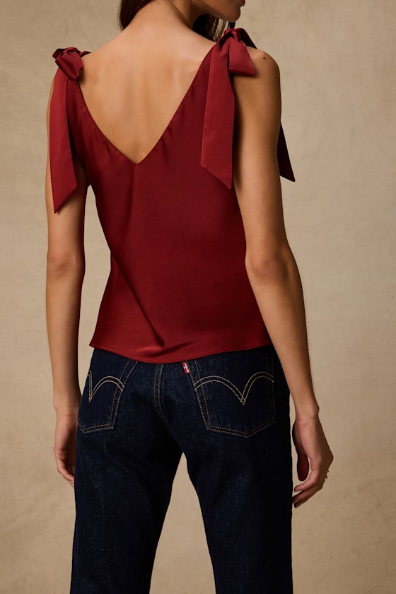 Denia Wine Red Satin V-Neck Tank Top 2