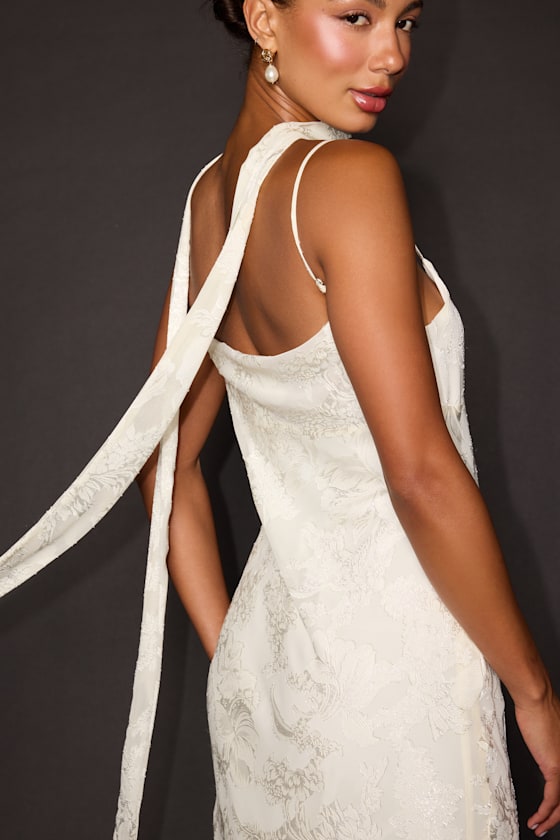 Aydah Ivory Floral Burnout Slip Midi Dress and Scarf Set 2