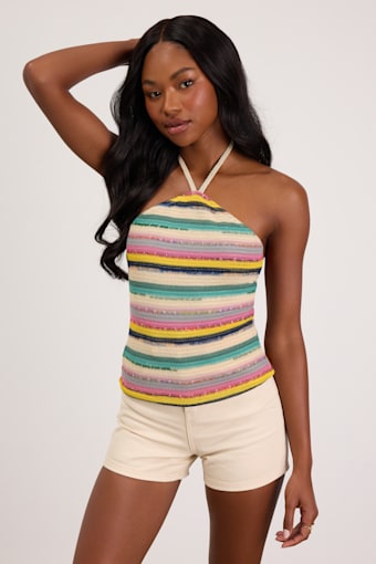 Thara Beige Multi Striped Crochet Halter Top 1