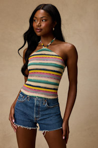 Thara Beige Multi Striped Crochet Halter Top 2