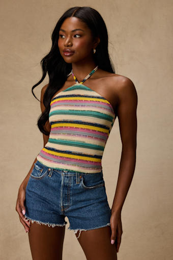 Thara Beige Multi Striped Crochet Halter Top 2