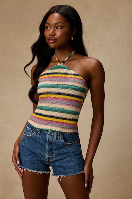 Thara Beige Multi Striped Crochet Halter Top 2