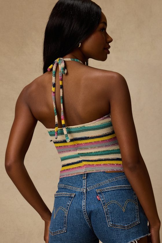 Thara Beige Multi Striped Crochet Halter Top 3