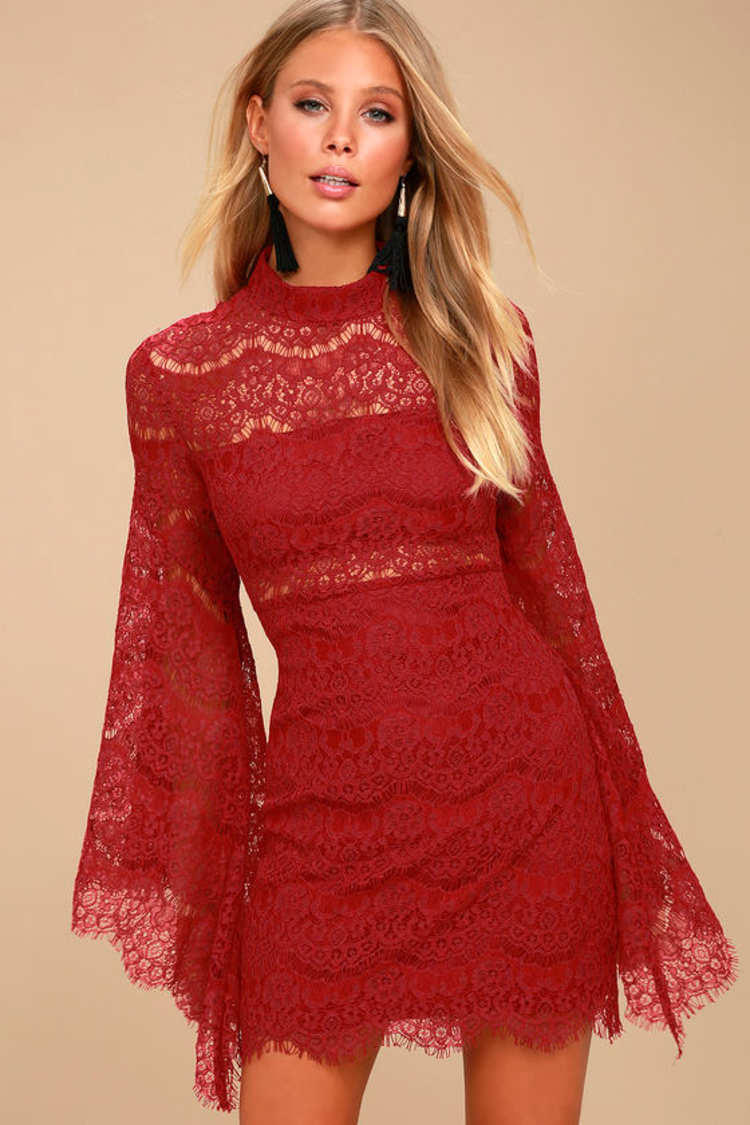 Red Dress With Sheer Bell Sleeves Encycloall