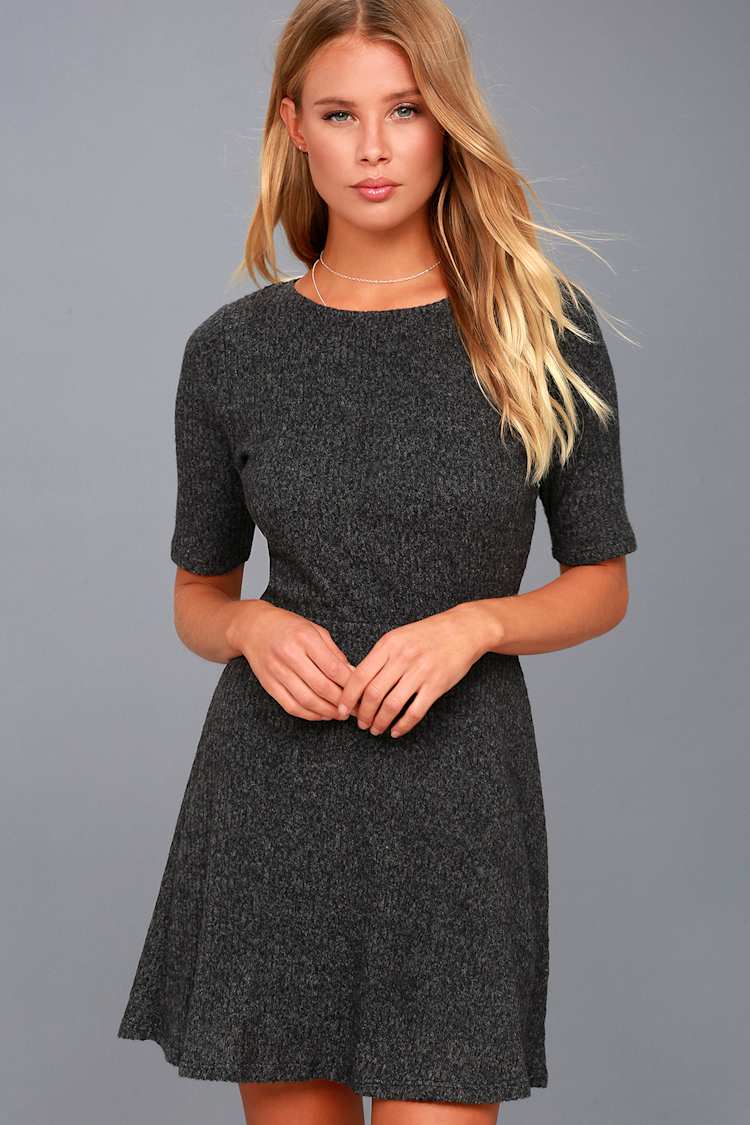 pink and grey plaid dress Cute Skater - Ribbed Knit Dress - Short Sleeve Dress NPU-Dorie-202404