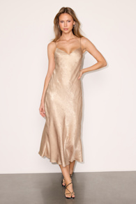 Stellina Gold Metallic Satin Cowl Back Midi Dress 1