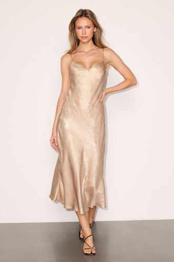 Stellina Gold Metallic Satin Cowl Back Midi Dress 1