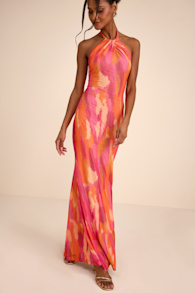 Adriel Orange Multi Abstract Mesh Halter Mermaid Maxi Dress 1