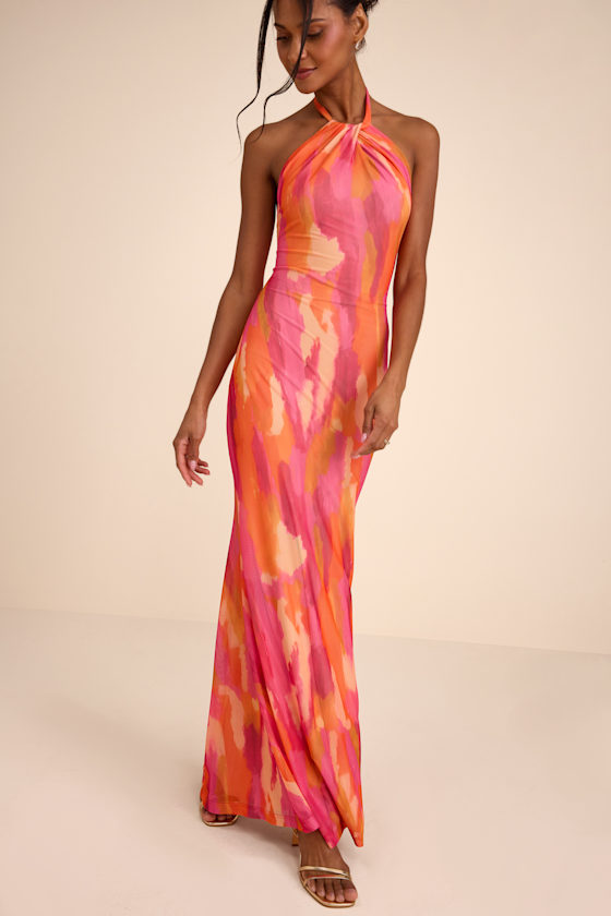 Adriel Orange Multi Abstract Mesh Halter Mermaid Maxi Dress 1