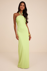 Pauline Lime Green Jersey Knit Halter Maxi Dress 1