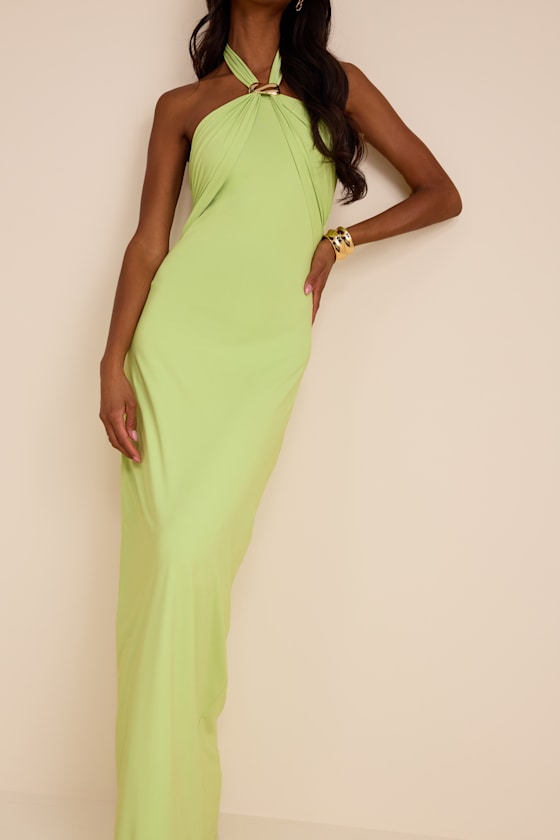 Pauline Lime Green Jersey Knit Halter Maxi Dress 2