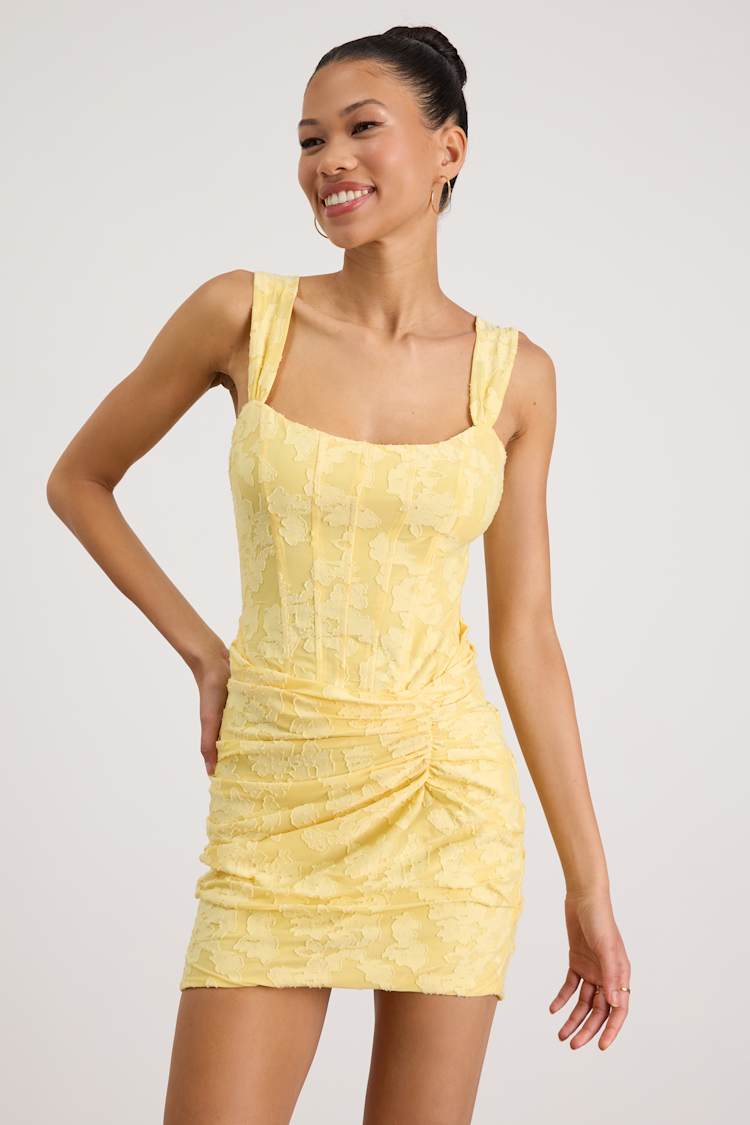 Light Yellow Floral Burnout Bustier Mini Dress | Womens | Large (Available in M, XL) | 100% Polyester