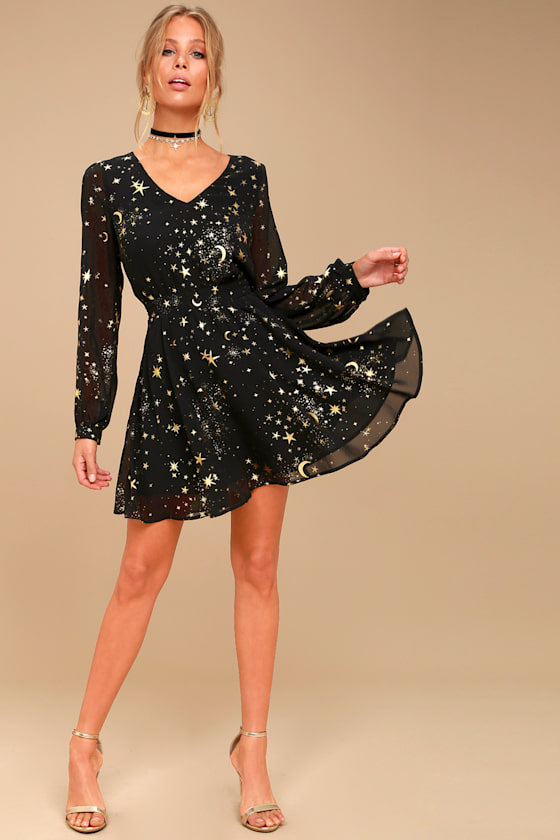 Midnight Skyline Black Star Print Long Sleeve Skater Dress 2