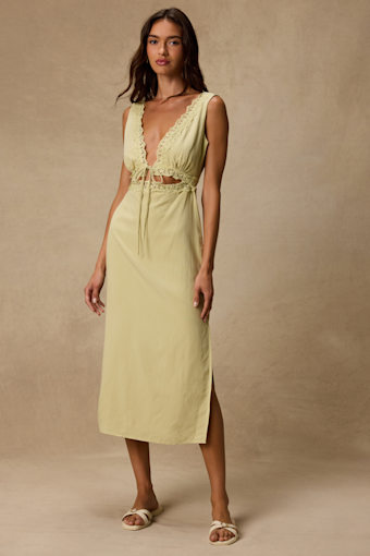 Connie Light Chartreuse Lace Tie-Front Midi Dress 1