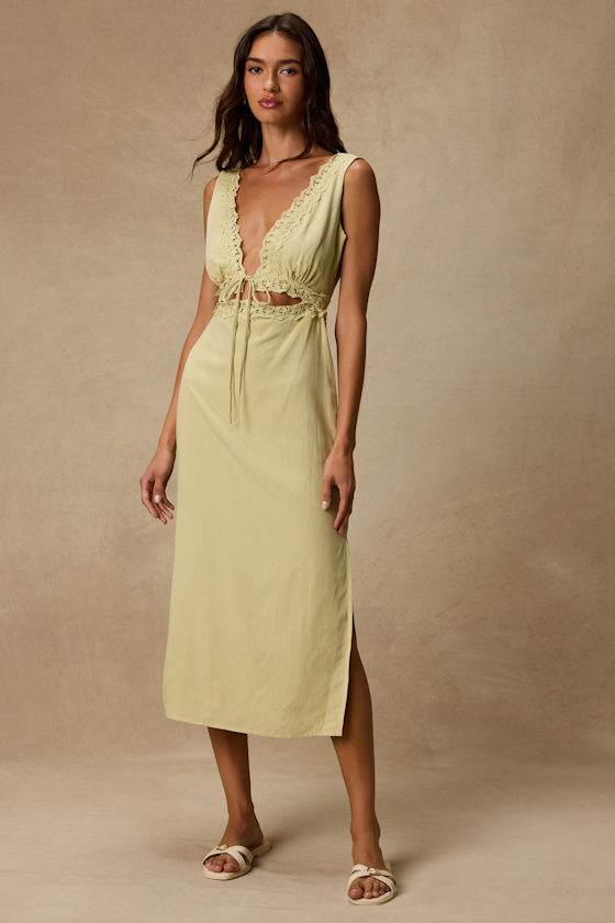 Connie Light Chartreuse Lace Tie-Front Midi Dress 1