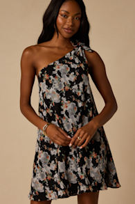 Aralia Black Multi Floral One-Shoulder Shift Mini Dress 1