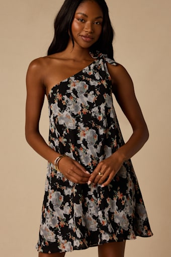 Aralia Black Multi Floral One-Shoulder Shift Mini Dress 1
