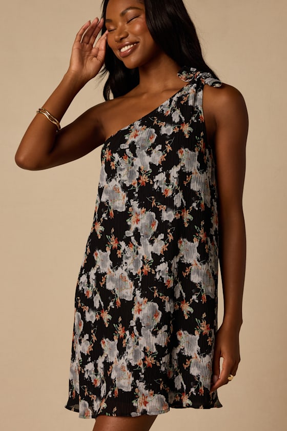 Aralia Black Multi Floral One-Shoulder Shift Mini Dress - thumbnail 4