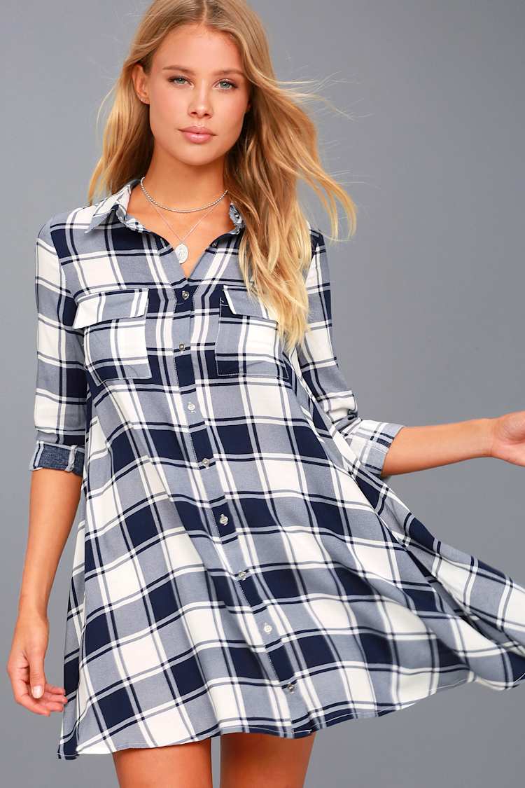 coperni blue dress Women's Wrapped in Cheer Navy Plaid Mini Dress | Size: L main image 1
