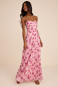 Marlene Light Pink Floral Pleated Drop Waist Maxi Dress 1