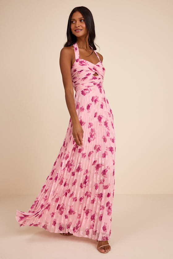 Krystal Light Pink Floral Pleated Halter Maxi Dress 1